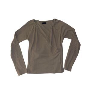 Gap Women Rib Long Sleeve Wrap Taupe Top Blouse Size Large